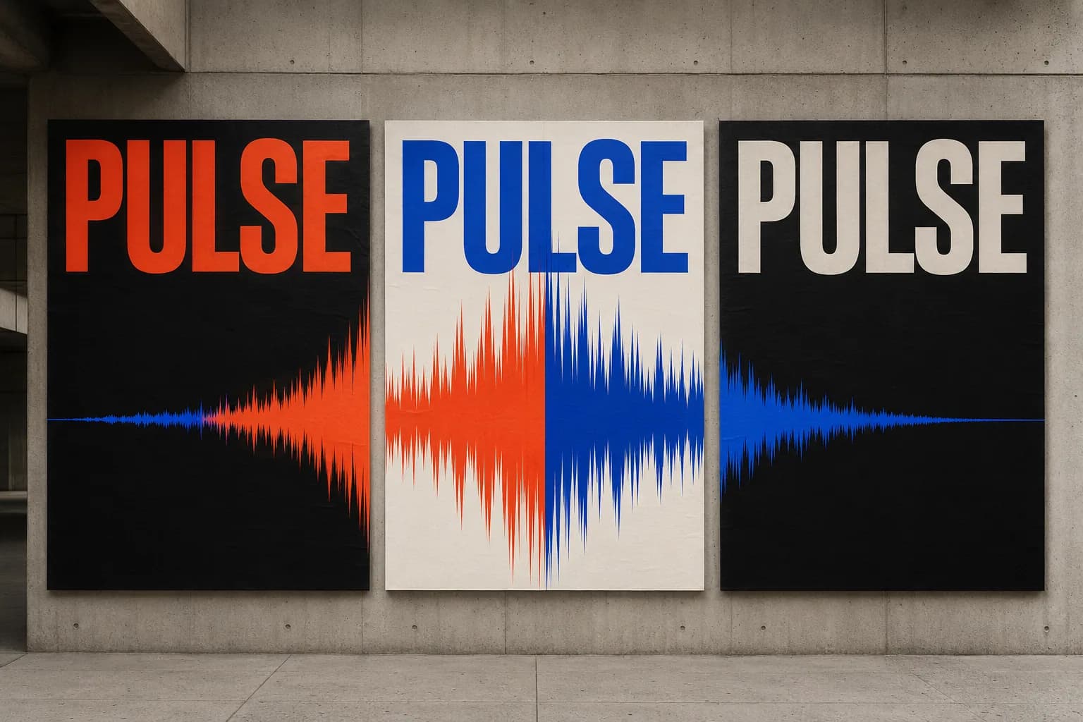 Beton bir duvara asılmış üç PULSE afişi: coral, kobalt ve kağıt beyazı versiyonlarda aynı ses dalgası.
